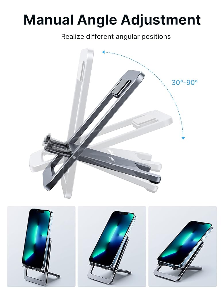 HASTHIP® SmartGadgets Universal Mobile Phone Stand for Desk, 360° Rotatable & Foldable Aluminum Adjustable Holder, Height Adjustable Cell Phone Stand Compatible with iPhone 16/15/14 Pro Max, Galaxy