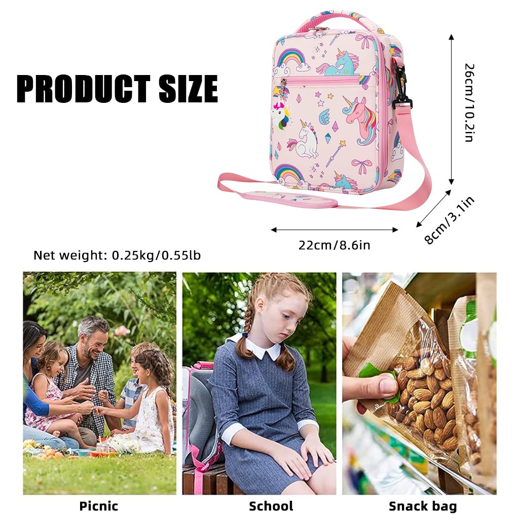Lunch Box for Kids Girls Insulated Lunch Bag, Pocket Pink Unicorn Print Thermal Lunch Tote Bag with Shoulder Strap for School Thermal Meal Small Lunch Tote Toddler Rainbow Lunchbox