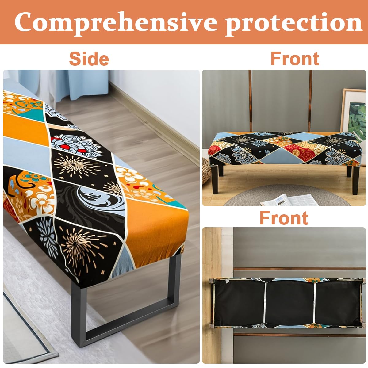 Stretchy Bench Seat Cover Anti-scratch Dacron Cover for Living Room Bench Floral Print Bench Cover Leather Bench Seat Protector Cover for Piano Bench, Entryway Bench Anti-Dust Removable Bench