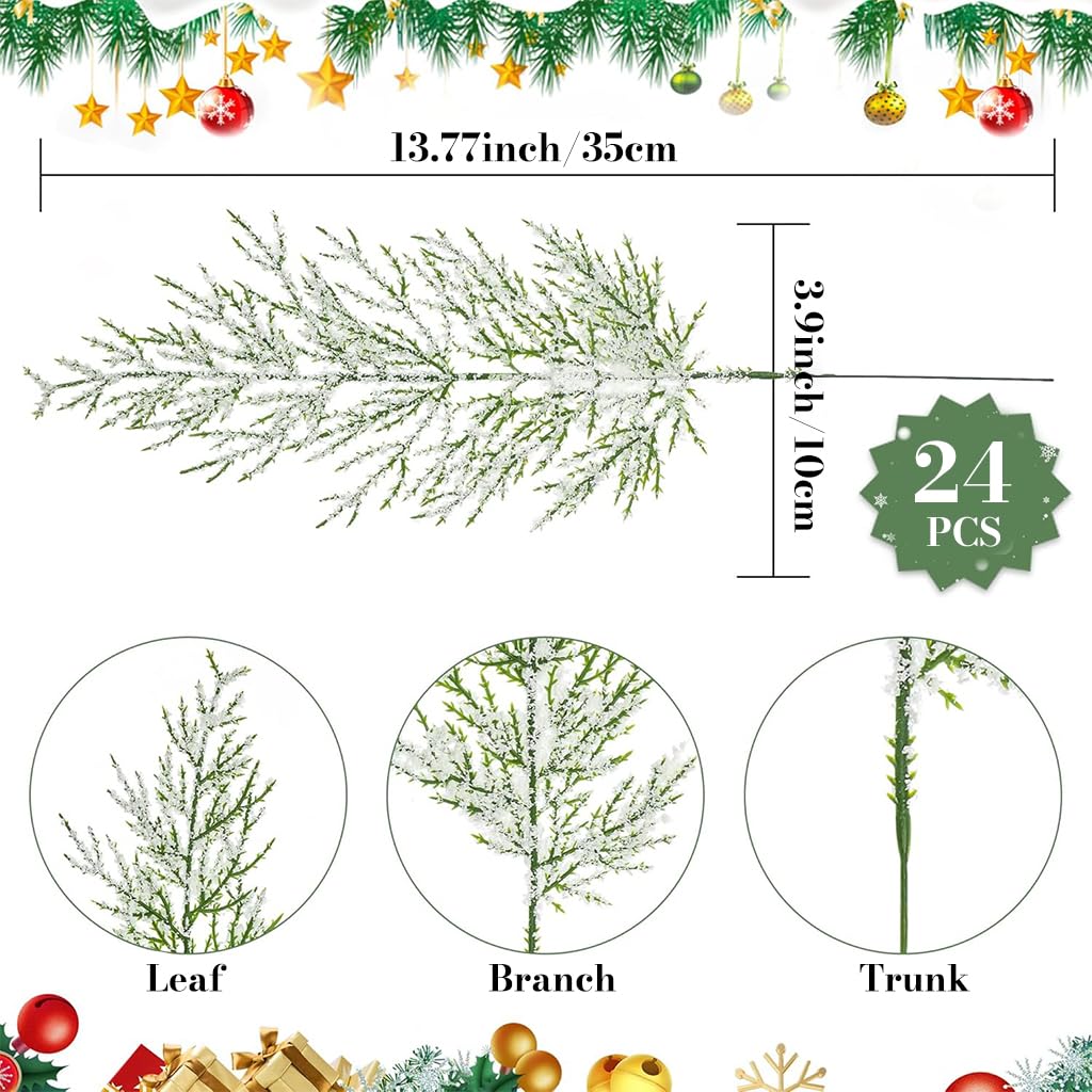 HASTHIP Artificial Snow Frosted Pine Branches for Christmas Decor with Bendable Stems | 24PCS 13.7 in