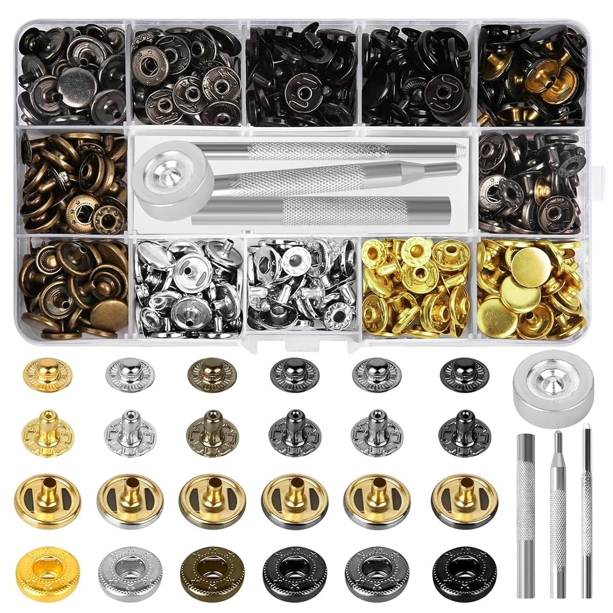 120 Sets Metal Snap Button and Tools Set, 6 Color 12.5mm Button Snaps Press Studs with 4 Setter Tools, Leather Snap Fasteners Kit for Clothes, Jackets, Jeans Wears, Bags