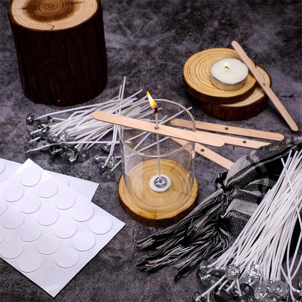 HASTHIP® DIY Candle Making Tool Kit with 100 Pcs 6 inches Candle Wicks, 60cs Candle Wick Stickers, 10 Pcs Wooden Candle Wick Holders Candle Wicks Tool Kit for DIY Candle Making Scented Candles