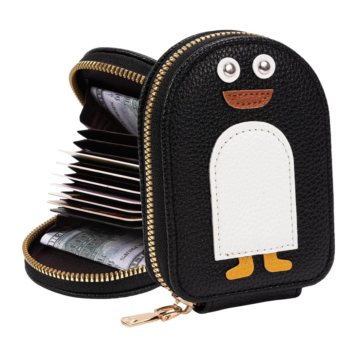 HASTHIP® Cartera de Viaje RFID Bloqueo Tarjetero Mujer con 10 Compartimentos,Organizador de Tarjetas y Documentos Viaje Cuero PU con Cierre Cremallera y Diseño Pingüino,Negro