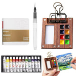 HASTHIP Pocket Watercolor Paint Set with 2.36 in Mini 8 Grid Palette and 12 Colors | Travel Sketching Kit with Brush Pen and Drawing Book