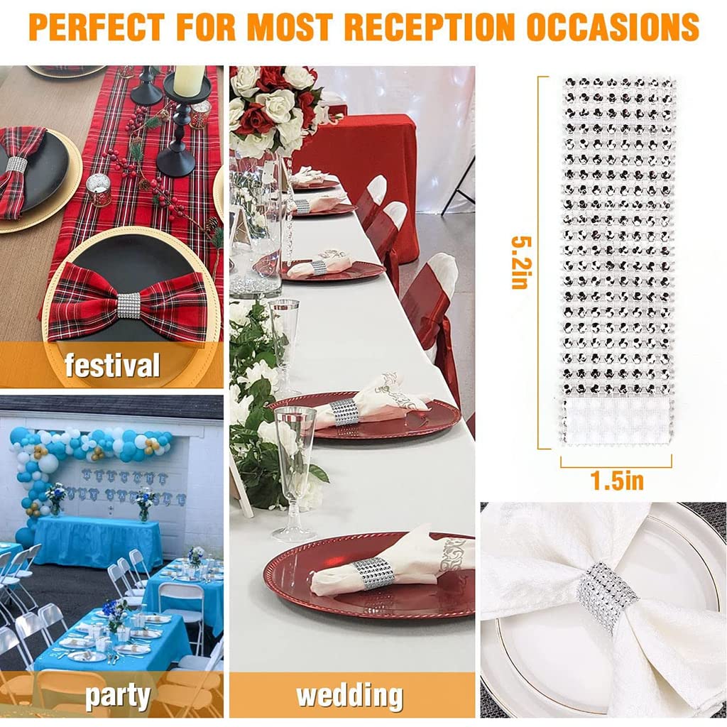 HASTHIP Napkin Rings for Wedding and Dinner featuring VELCRO Design 10Pcs Silver | Rhinestone Holders 5.2×1.5 in