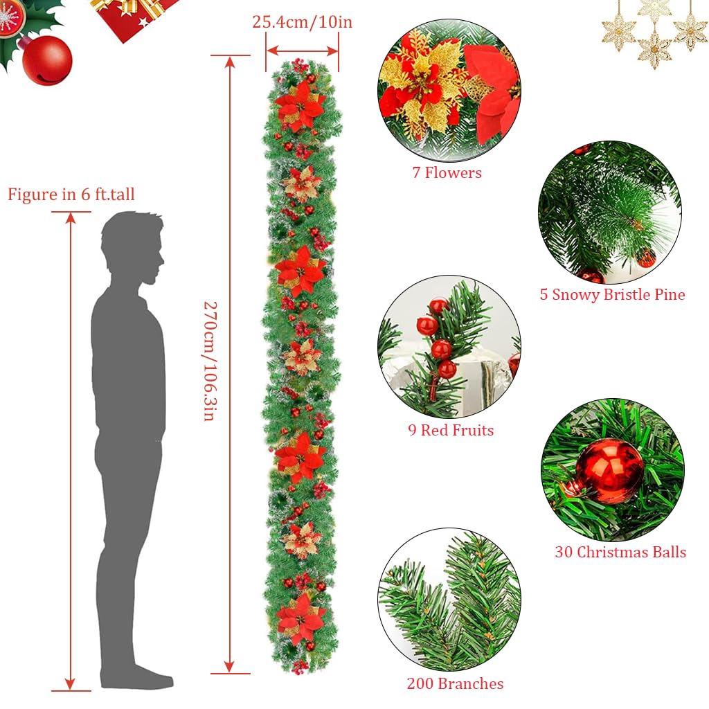 HASTHIP Christmas Garland for Fireplace and Stair Decor with Red Flowers and Berries 106 in | Festive Indoor Outdoor Holiday Decoration
