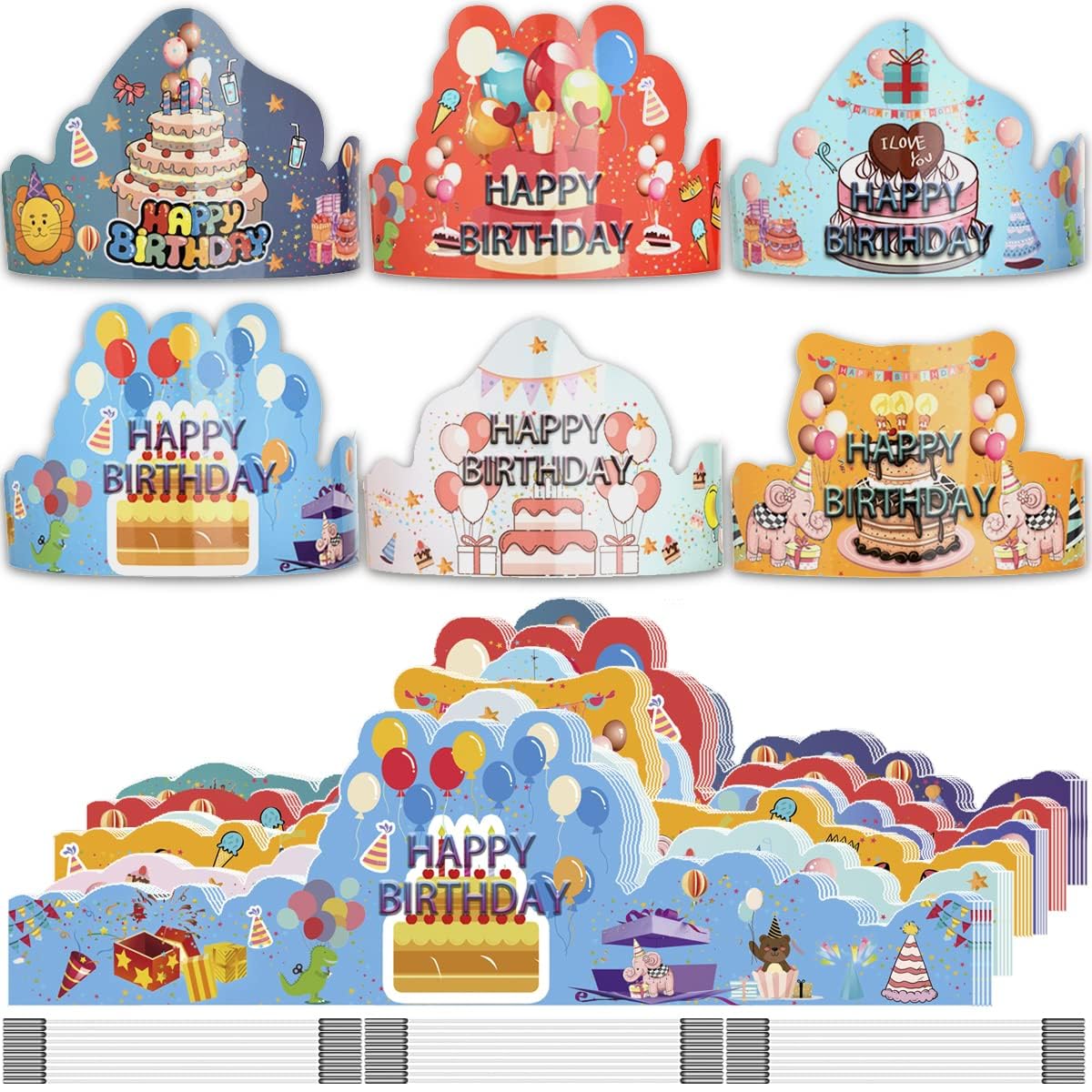 HASTHIP Birthday Cap and Crown Set for Kids Party with 12 Paper Hats | 6 Cartoon Designs