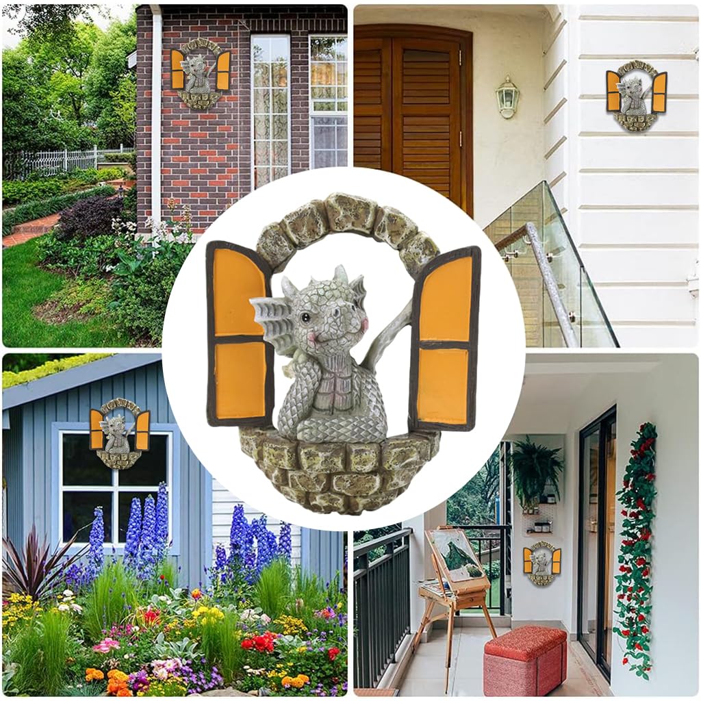 HASTHIP® Wall Decor Cute Dinosaur Statue Ornament Door Ornament Resin Art Dinosaur Garden Decoration Rustic Home Decor Window Decor Home Gift, 12.5x15.4cm