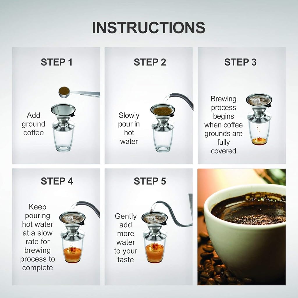 HASTHIP® Pour Over Coffee Dripper Stainless Steel Reusable Drip Cone Filter Paperless Metal Fine Mesh Strainer Brewer Maker 1-6 Cup with Non-Slip Stand Cleaning Brush 2 PCS