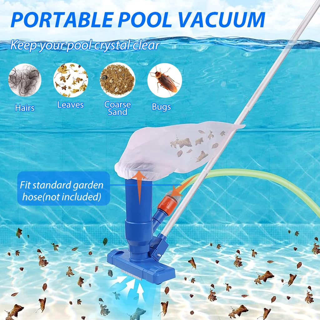 HASTHIP Pool Vacuum Cleaner for Above Ground and Inflatable Pools with 3 Brush Heads & Filter Bag | Manual Water Flow Cleaning Kit