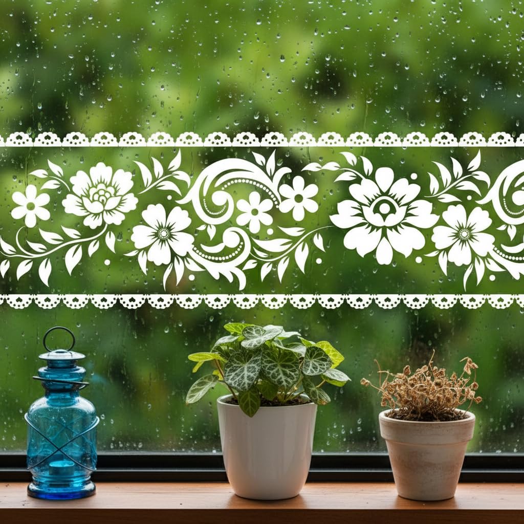 HASTHIP® Floral Clear Baseboard Trim Decal, Self-Adhesive PVC Border Sticker, Decorative Skirting Tape for Window, Glass Door, and Home Interior Decoration, 10cm x 10m, Trim to Fit
