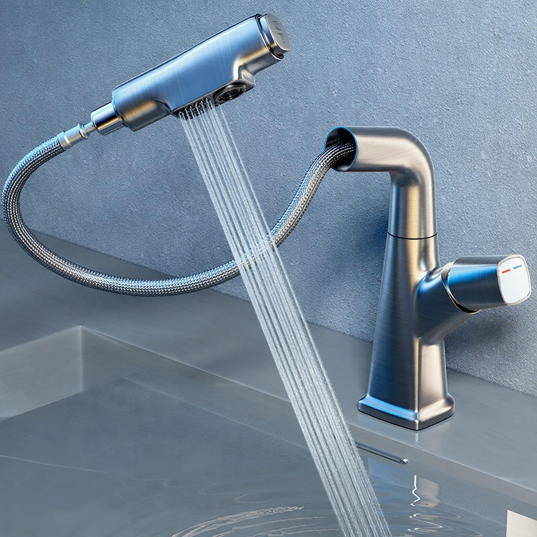 HASTHIP® Pull-Out Bathroom Sink Faucet Mixer Tap, Coated Alloy Copper Single Handle Basin Mixer Tap with Dual Spray Modes, Tall Spout Lavatory Faucet with 60cm Pull Down Hose for Modern Bathroom