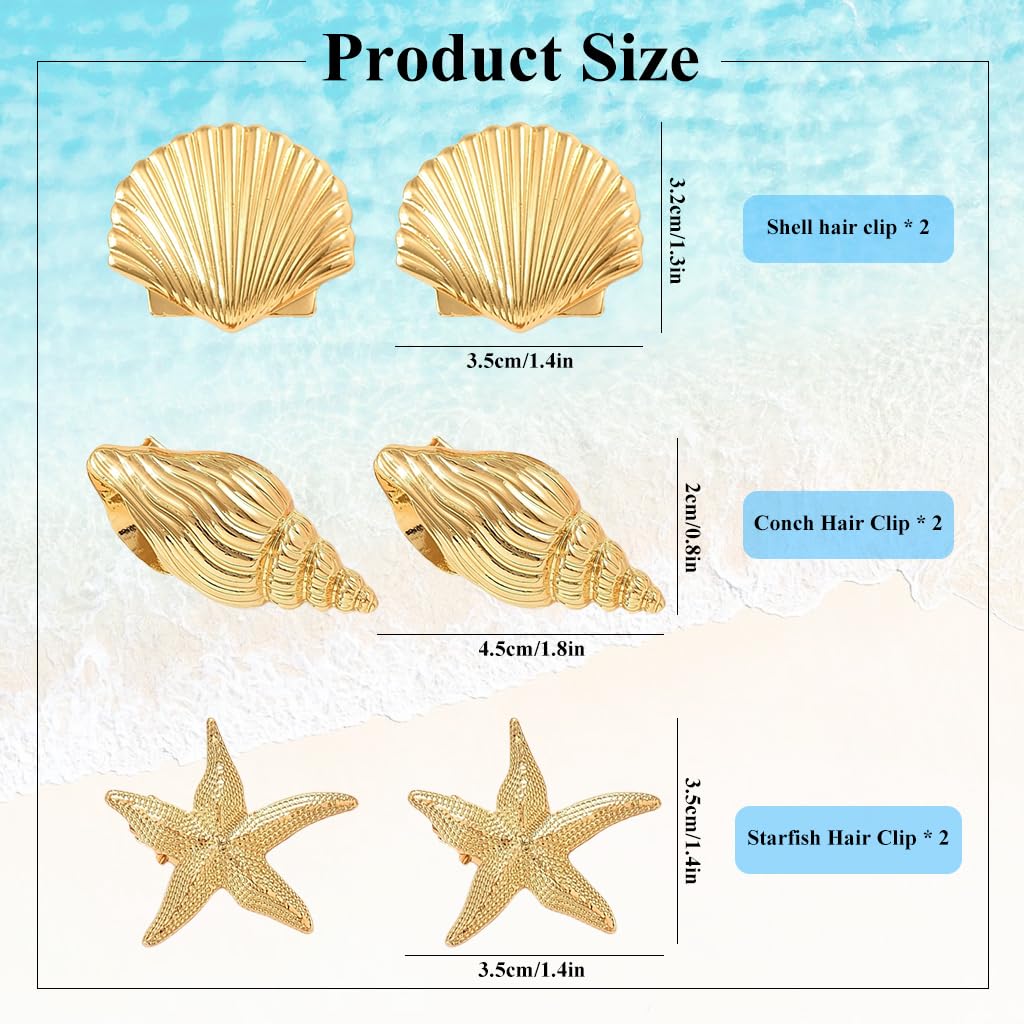 HASTHIP 6-Pack Gold Starfish & Seashell Hair Clips for Women and Girls