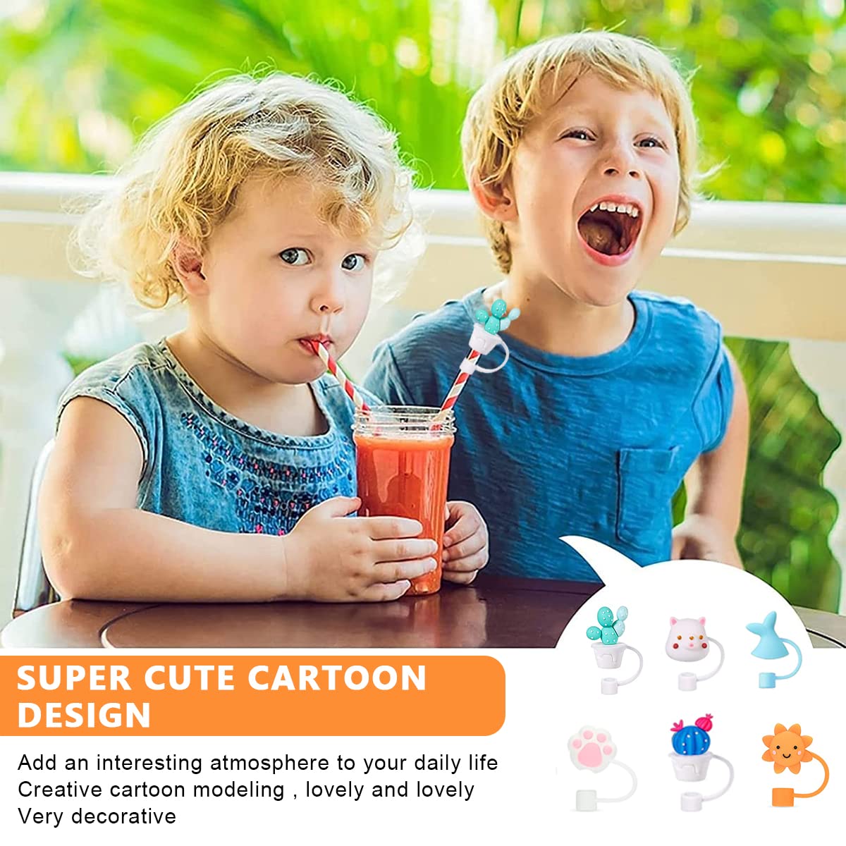 HASTHIP Silicone Straw Tips Cap Lids 12pcs for 6–8 mm Straws with Cute Anti Dust Covers | Reusable Drinking Straw Toppers for Kids