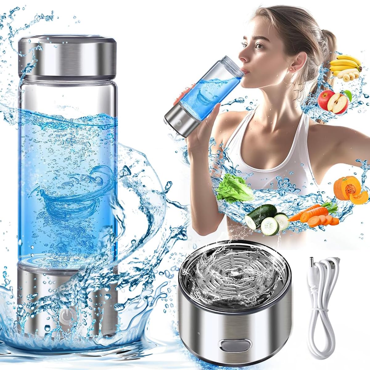 HASTHIP® Glass Water Bottle 420ml Transparent Glass Water Bottle Hydrogen