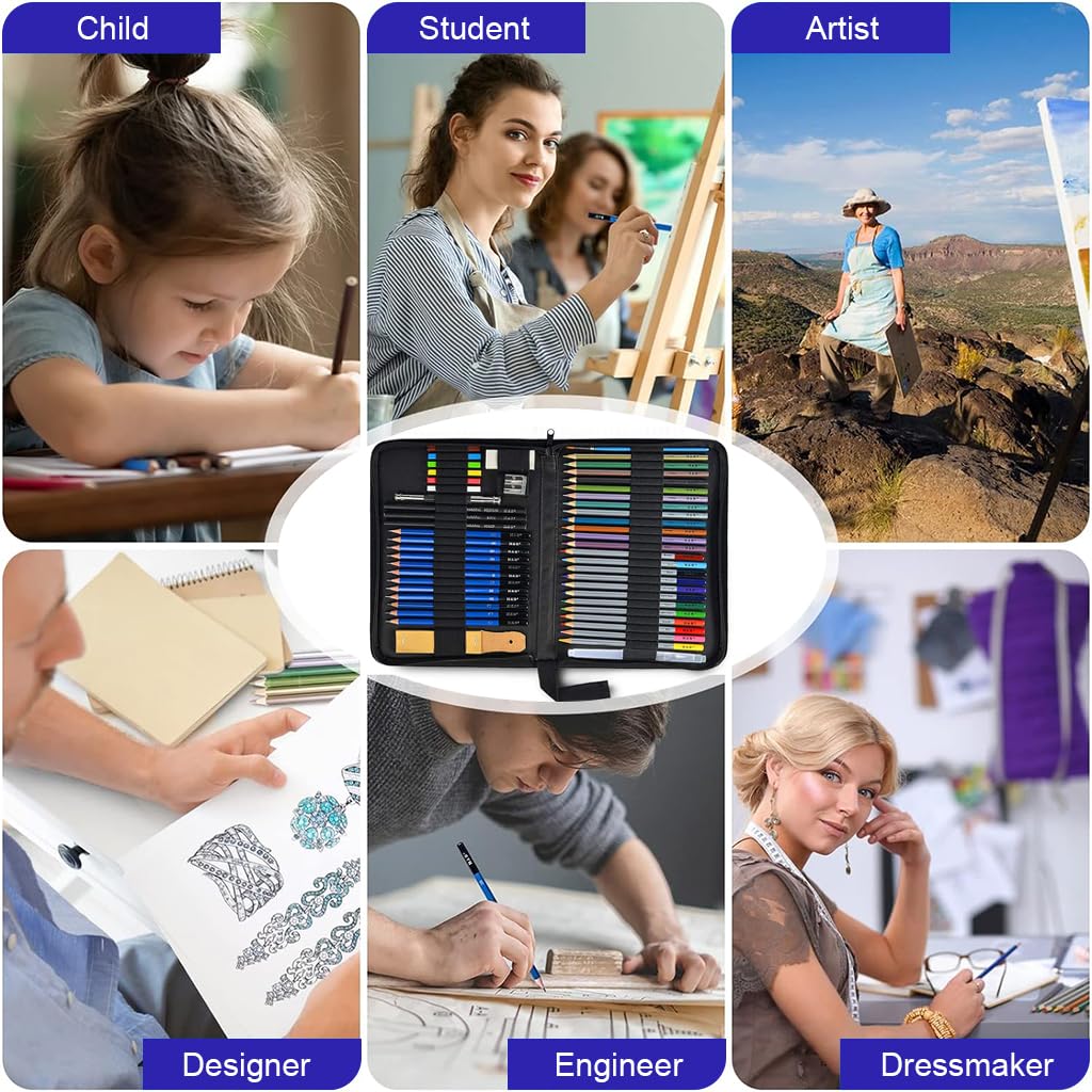 HASTHIP Sketching Kit for Artists and Students with 51 Pcs Tools & Zipper Case | Non Toxic Wood Pencils and Charcoal