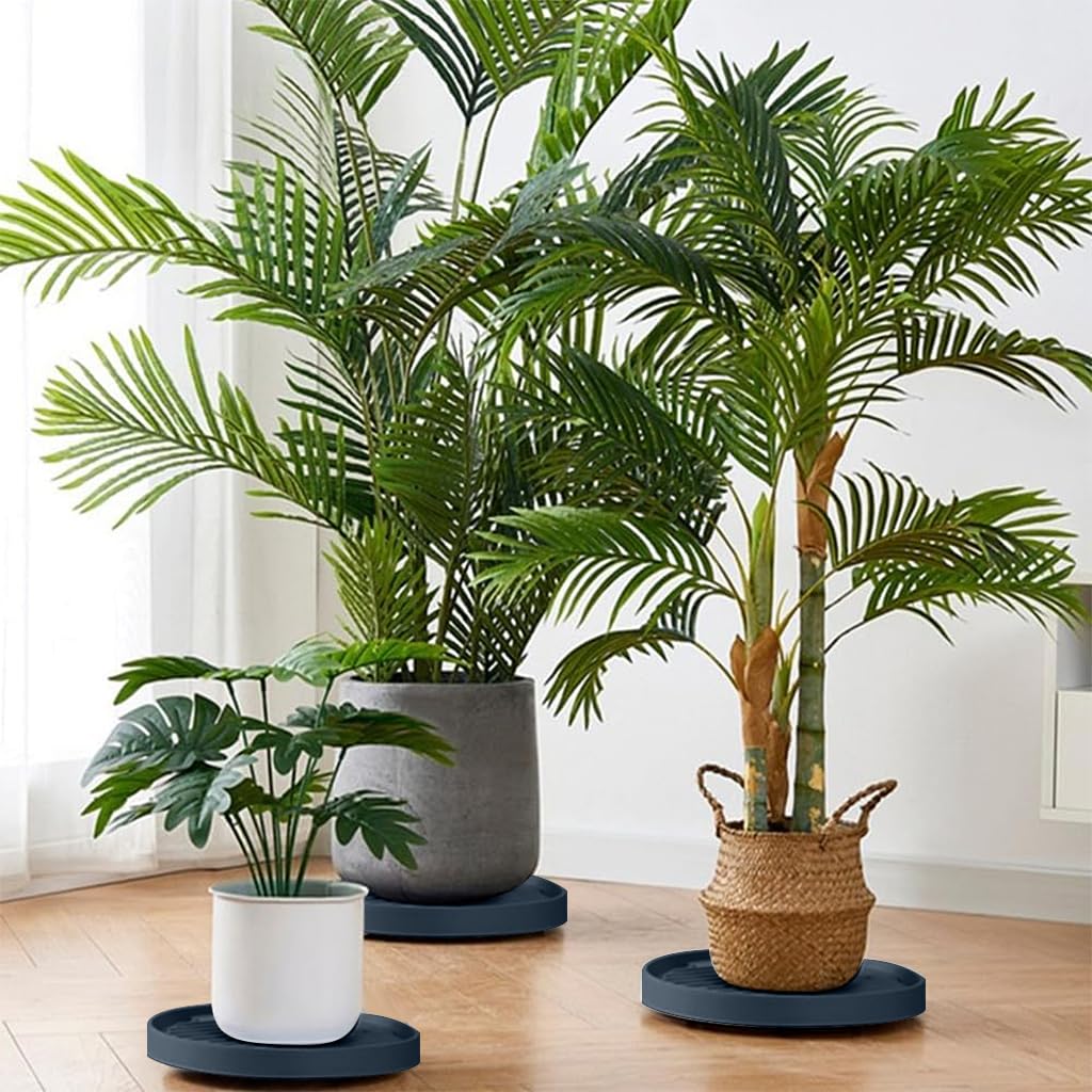 HASTHIP Plant Pot Stand for Indoor & Outdoor Use with 360° Wheels and Spiral Ridged Tray | 37 cm Grey PP Caddy