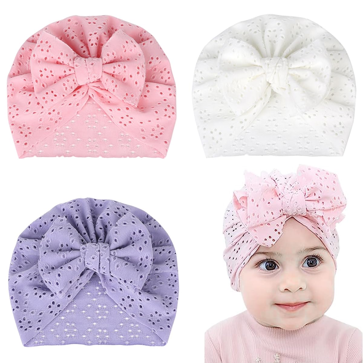 HASTHIP® PALAY 3pcs Gorro para bebé de 3-6 Meses, Lindo Turbante con Gran Lazo para niña y niño, Gorros elásticos para recién Nacidos 0-3 Meses, Sombrero Transpirable Ideal como Regalo