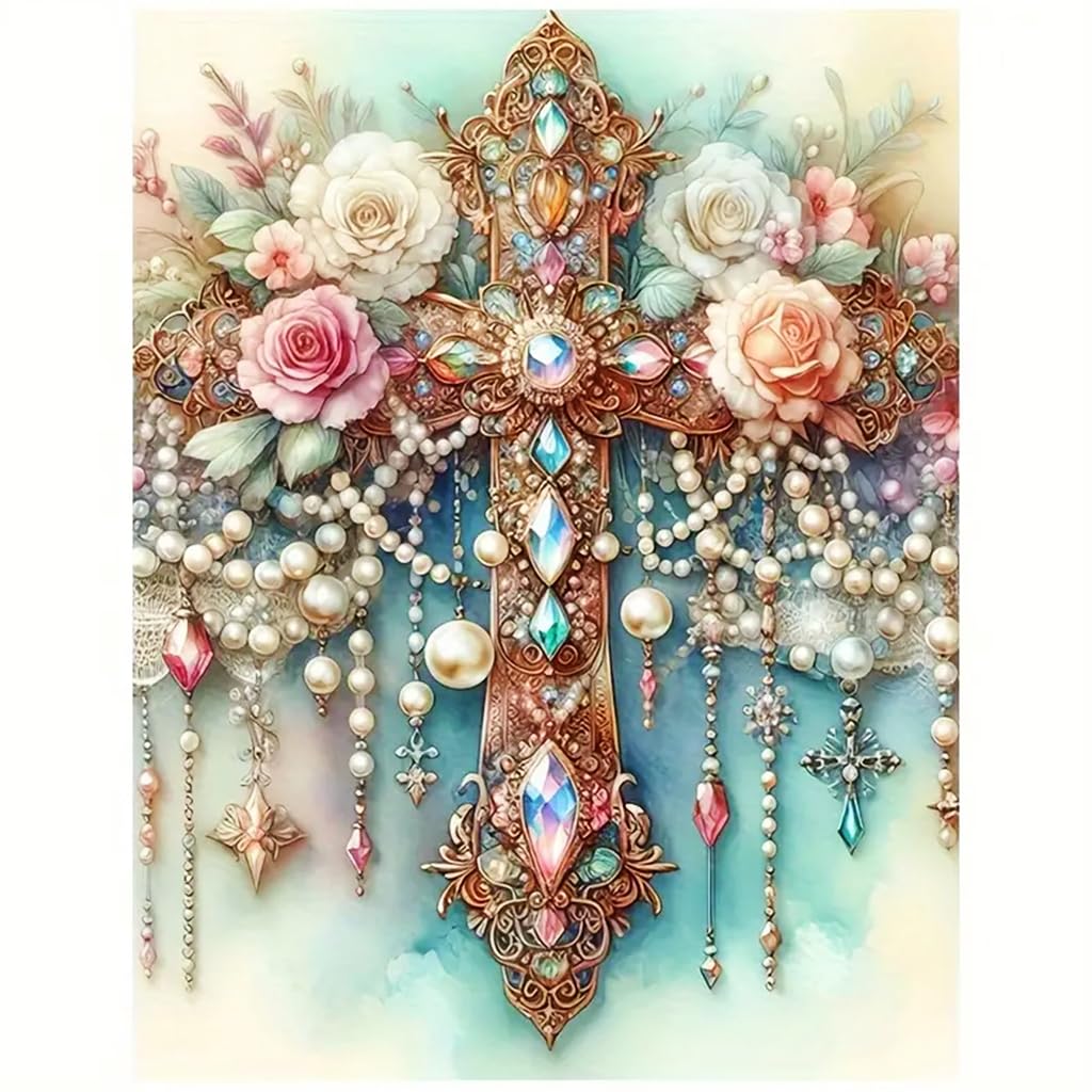 HASTHIP Diamond Art Painting Kit for Home Decor with Tools and Canvas 11.8x15.7 in | DIY Rose Cross Design
