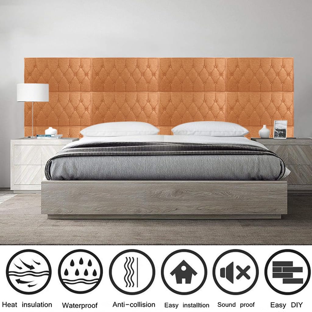 HASTHIP® 4Pcs Bed Headboard Foam Panel, 8mm Thick Adhesive Foam Wall Pads, Brown Leather-Like Texture 3D Cushioning Wall Panels for Home, Hotel, Living Room, Bedroom, Cafe Décor (27.5x13.7 Inches)