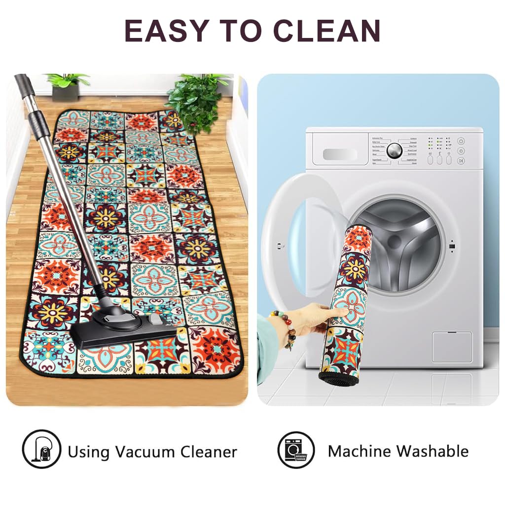 HASTHIP® 2 Pcs Kitchen Comfort Rugs Anti-Fatigue Floor Mat for Kitchen, Diatom Absorbent Standing Mat Soft & Quick-Dry, Retro Floral Mat for Kitchen, Entry, Bathroom, 120x40cm & 40x60cm