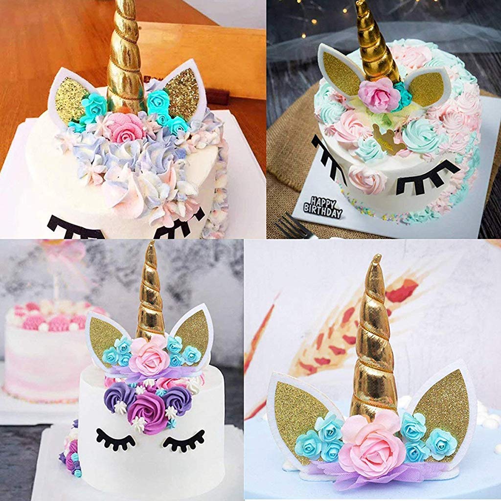 HASTHIP Unicorn Cake Topper for Birthday Decoration with 5.8 in Gold Horn and Felt Ears | Reusable Non Toxic Set