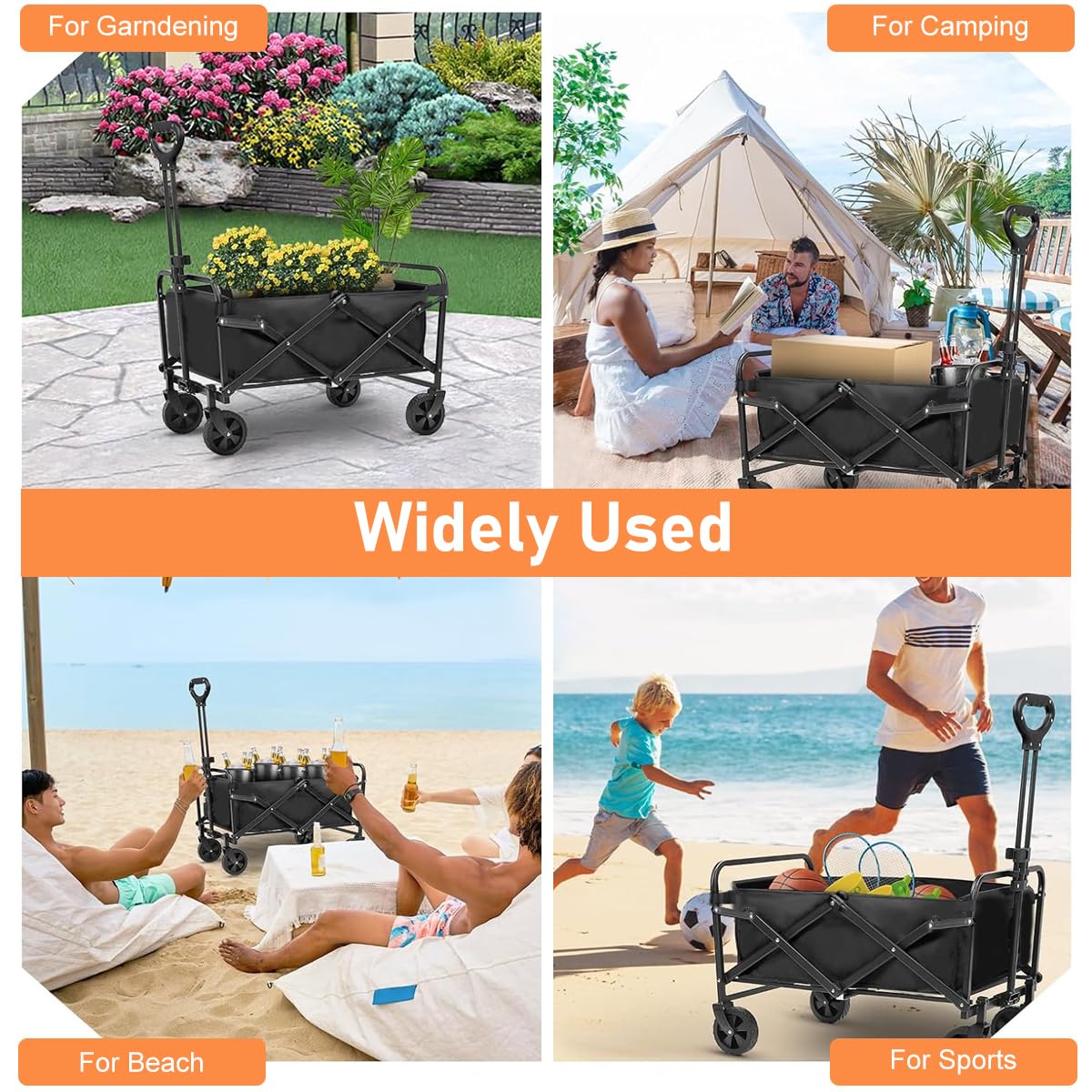 HASTHIP® Collapsible Camping Cart for Beach, Garden, Camping, Sport with Universal Wheels & Adjustable Handle, Heavy Duty Carbon Steel Frame Folding Wagon, Max 100kg, 100L