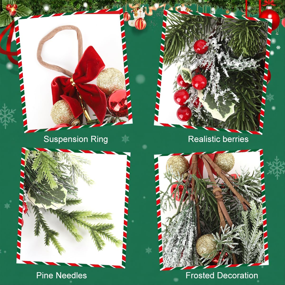 HASTHIP Christmas Teardrop Swag for Door or Wall with Red Bowknot & Berries | 14.9 in Artificial Snow-Dusted Greenery Decor