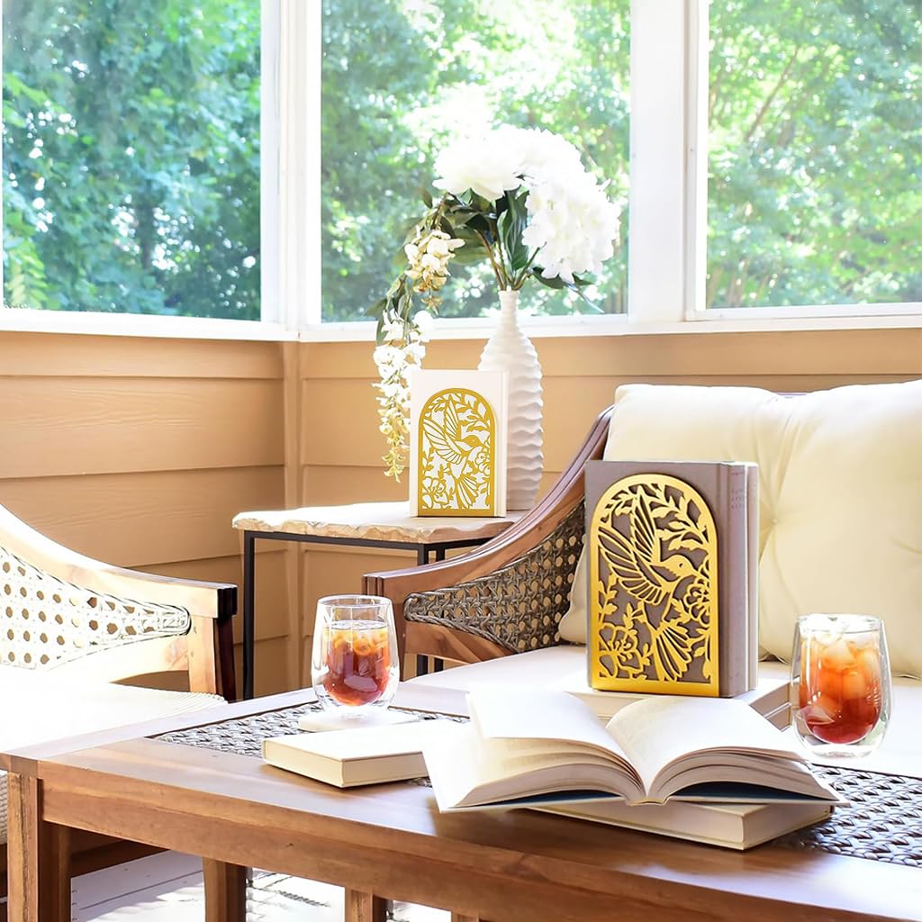 HASTHIP Bookends for Home and Office with Anti Slip Pads featuring Golden Metal Open Cut Design