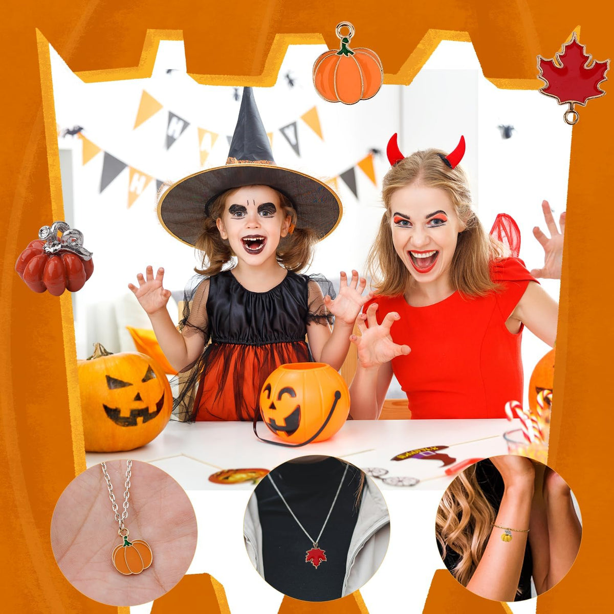 HASTHIP DIY Festival Jewelry Accessories for Thanksgiving and Halloween | 24pcs Enamel Zinc Alloy Maple Leaf and Pumpkin Charms