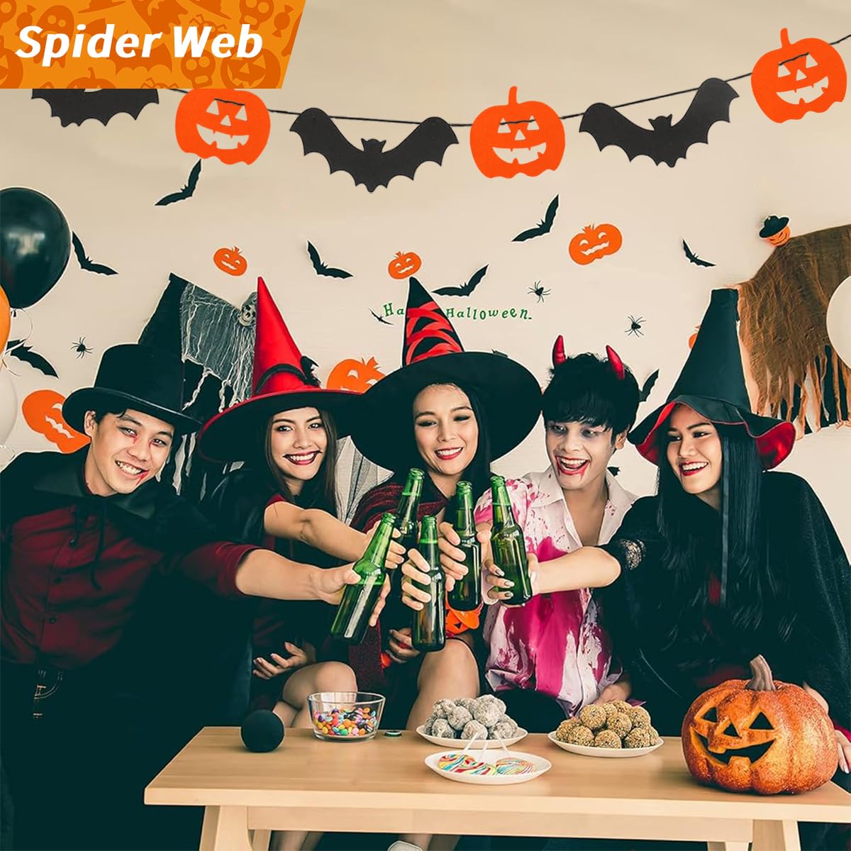 HASTHIP Halloween Decoration for Home and Party with 2PCS Felt Pumpkin & Bat Garlands | Reusable Wall and Window Hanging Decor