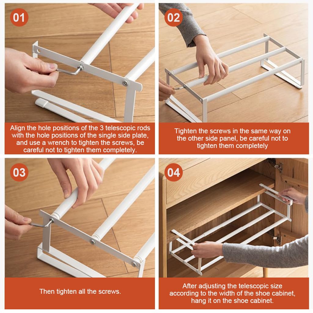 HASTHIP® 2pcs Adjustable Shoe Rack for Shoe Cabinet - Expandable Hanging Shelf Divider, Fits 15.7-23.6 Inches, White, Easy Tool-Free Installation, Space-Saving Organizer for Kids' Shoes, Slippers