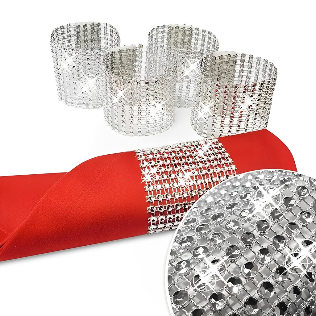 HASTHIP Napkin Rings for Wedding and Dinner featuring VELCRO Design 10Pcs Silver | Rhinestone Holders 5.2×1.5 in