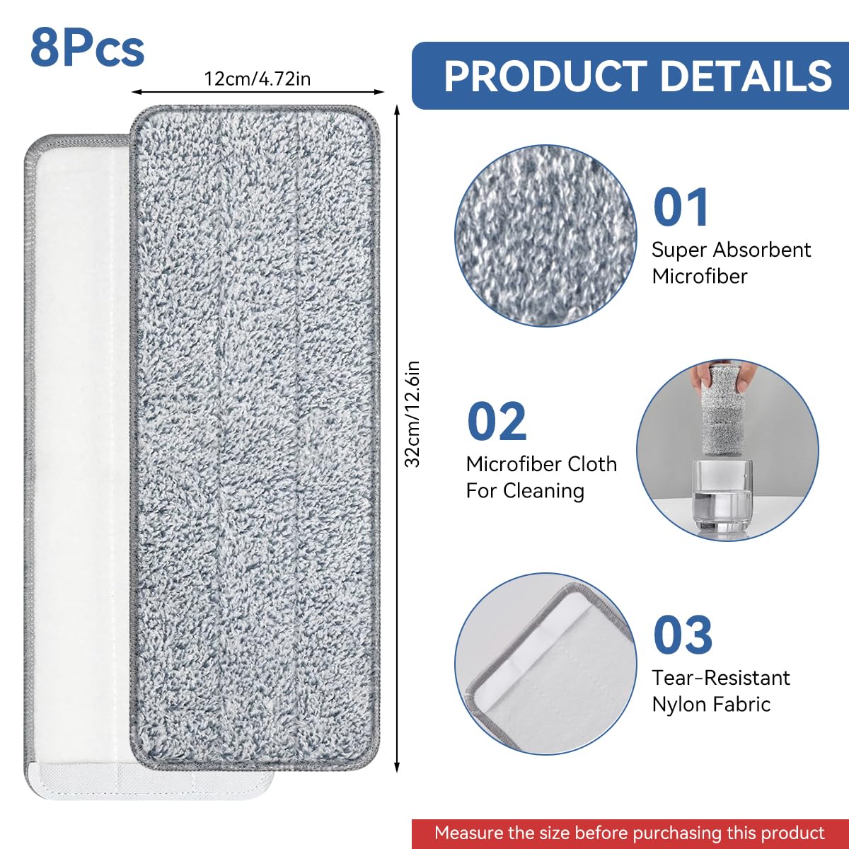 HASTHIP Replacement Flat Mop Head Refill for Wet and Dry Mops featuring Stick-On Microfiber Pads 12.99 x 4.72 in | Reusable and Washable 8 Pcs Set