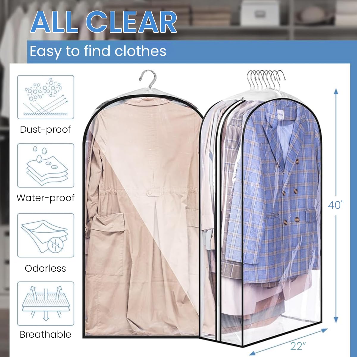 HASTHIP Clear Garment Bags for Hanging Clothes with 22×40 in Capacity and Vinyl Material | Closet and Travel Storage