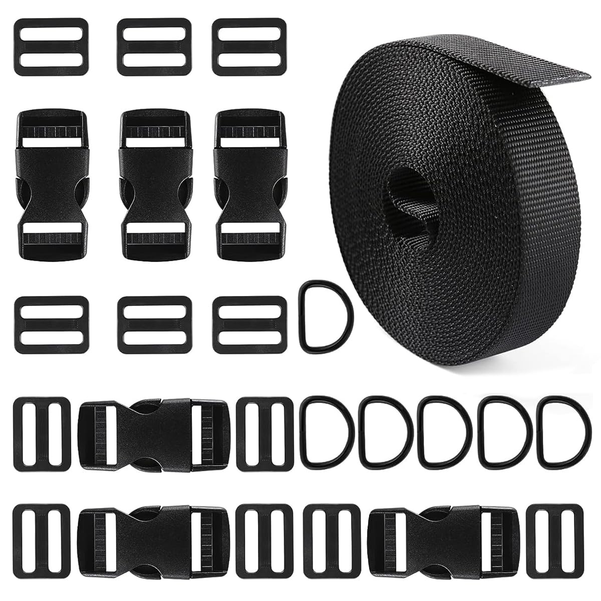 HASTHIP Buckle Strap Set for DIY Luggage and Backpack Repair with 6 Yards Nylon Webbing | Includes Metal D Rings and Quick Side Release Buckles