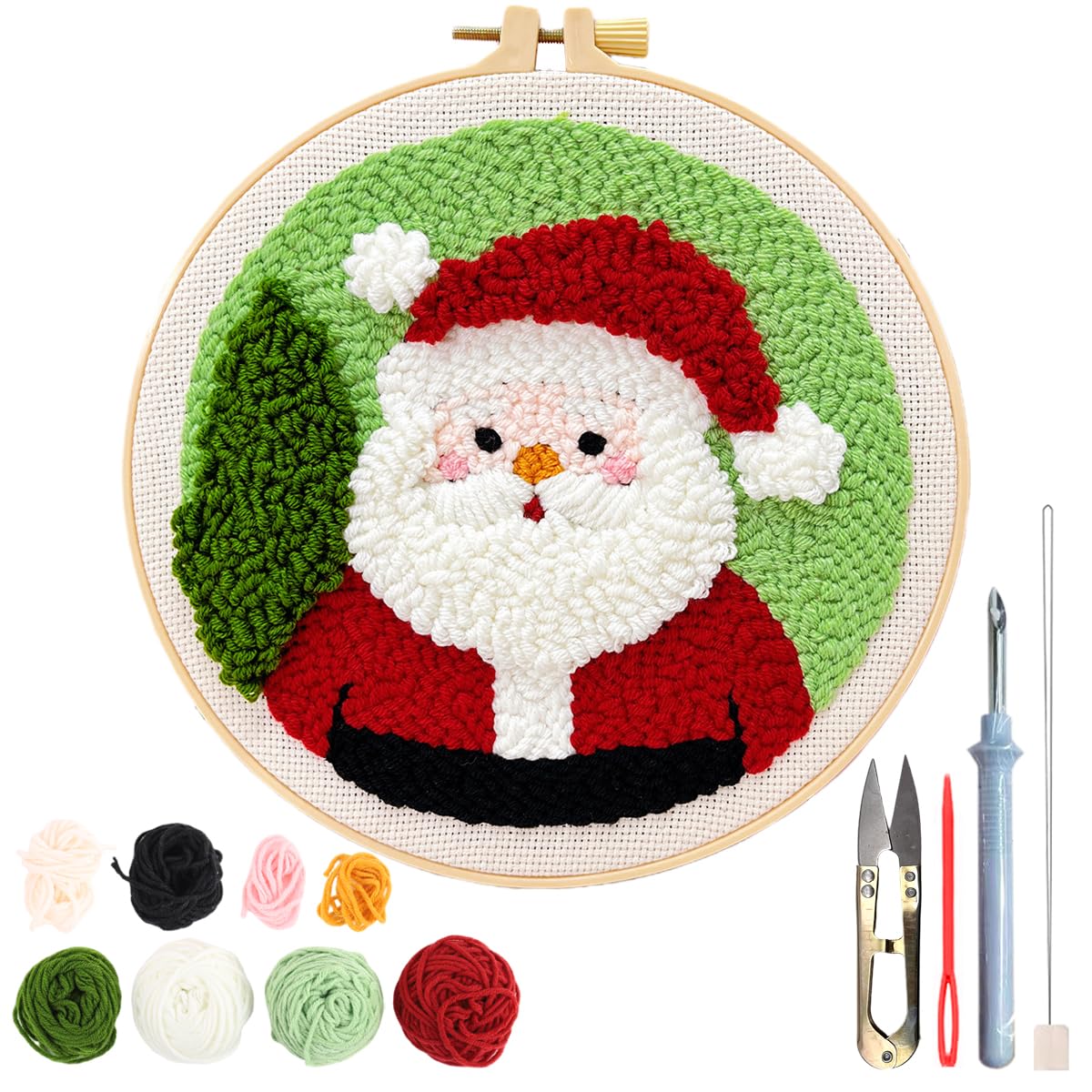 HASTHIP Embroidery Kit for Beginners for Christmas Crafting with 7.8 in Hoop | Fun DIY Santa Claus Punch Needle Set for Kids and Adults
