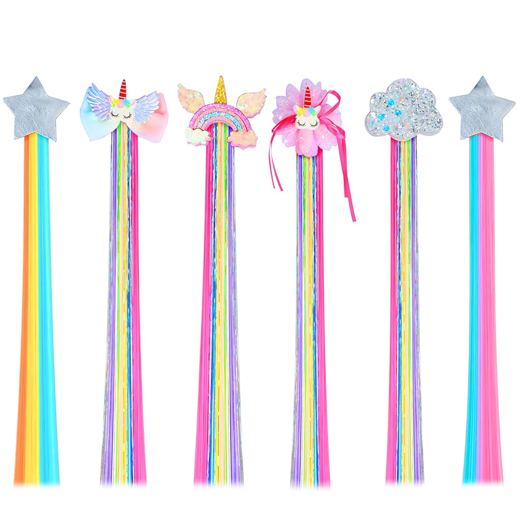 HASTHIP® Hair Clips for Girls, 6 Pcs Rainbow Hair Extensions, Unicorn Hair Clips for Girls Toddler Kids Ponytails, Hand-made Cute Glitter