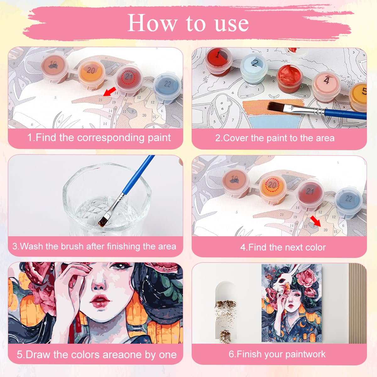 HASTHIP Paint by Number Kit for Japanese Courtesan Art with Acrylic Paints 15.7x20 in Canvas | Ideal DIY Gift and Wall Decor