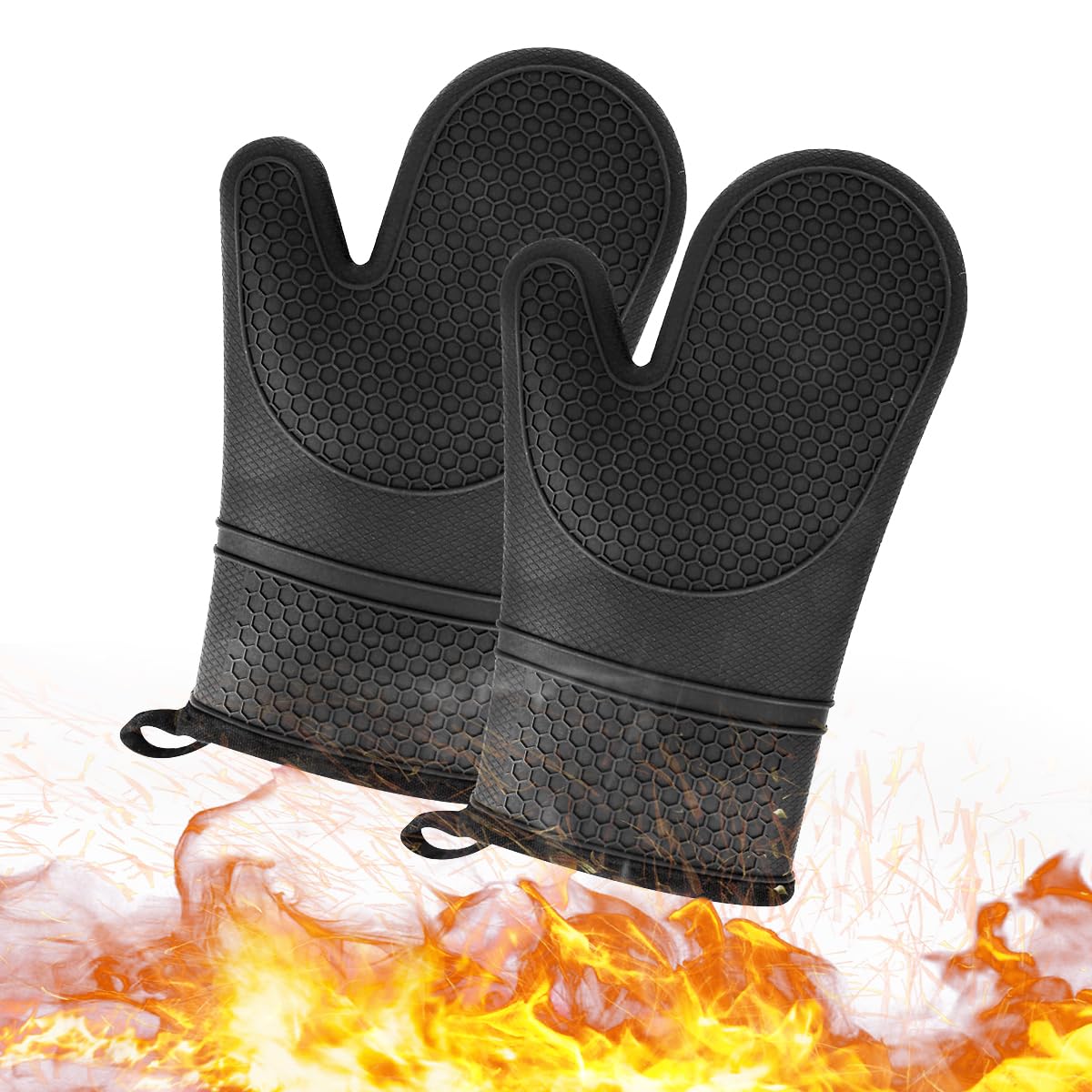 HASTHIP Oven Gloves for Cooking with Anti Slip Palm and Thicken Cotton Padding Black