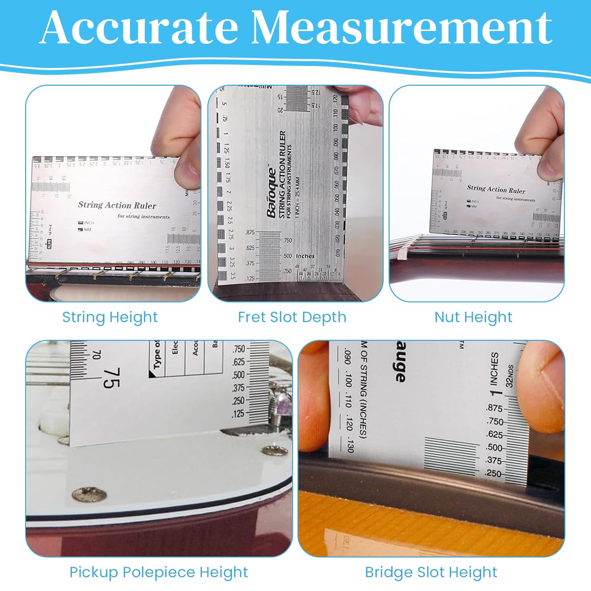 HASTHIP String Action Ruler for Guitar Setup with Etched Precision Scale | 2PCS Stainless Steel Gauge