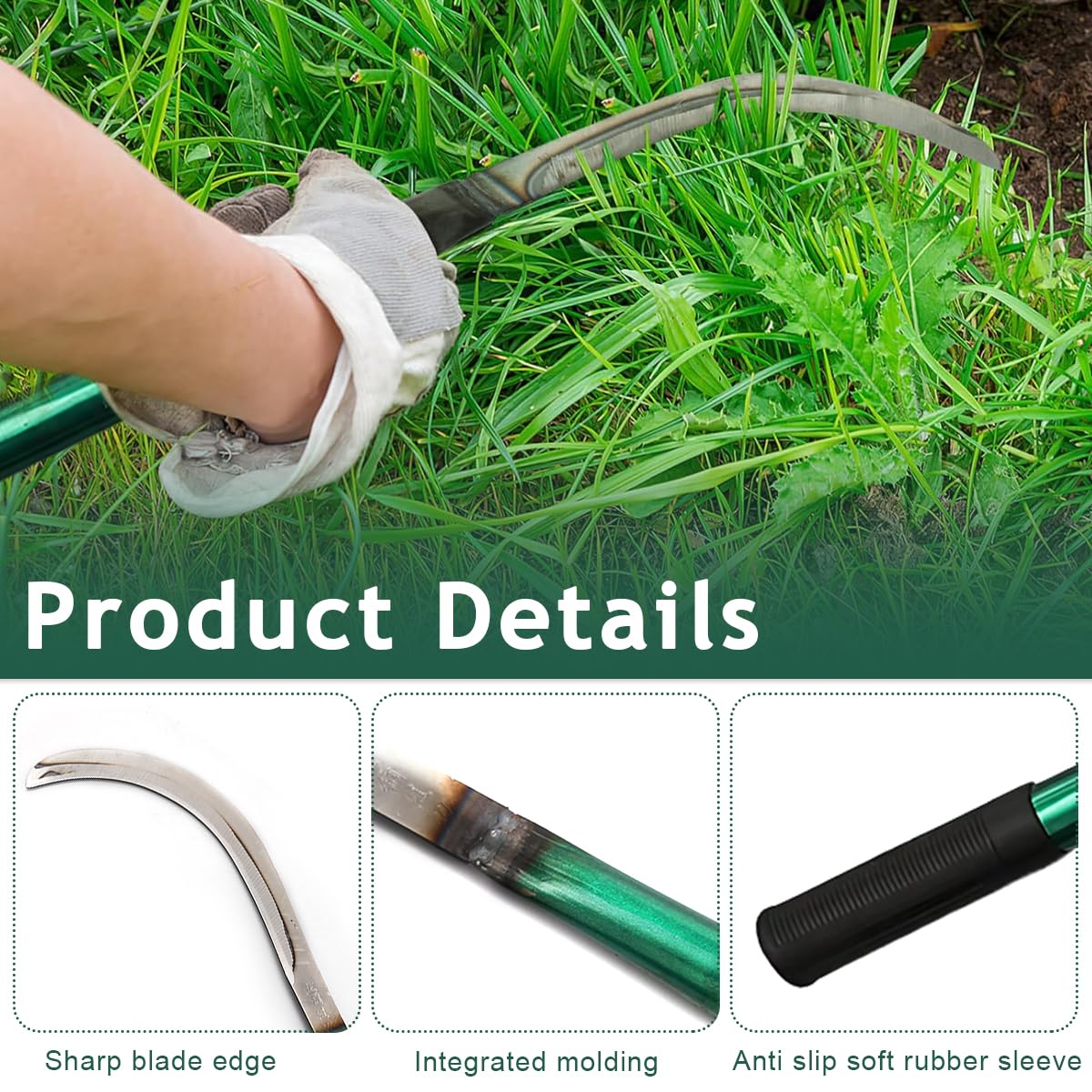 HASTHIP Sickle Weed Remover Tool for Harvesting and Weeding with 40cm Handle featuring Curved Steel Blade