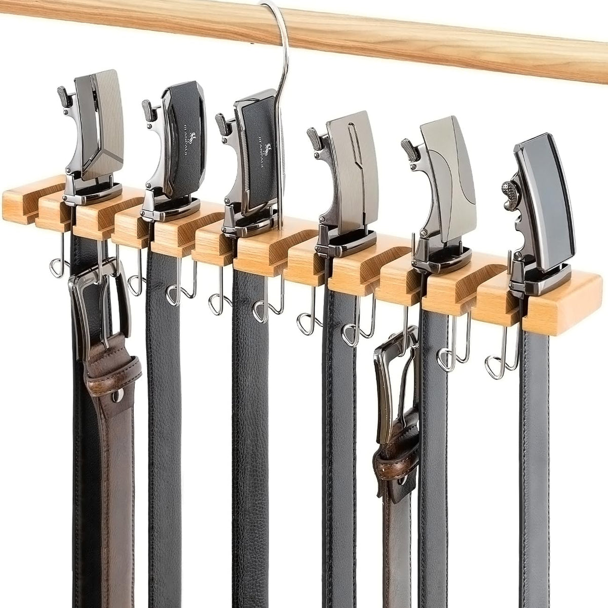 HASTHIP® Belt Hanger for Closet Max 23 Belts,2-in-1 Wall Mount Belt Organizer with 360° Rotating Hooks Wooden Tie and Rack for Sari Scarf Accessories,12+11 Storage