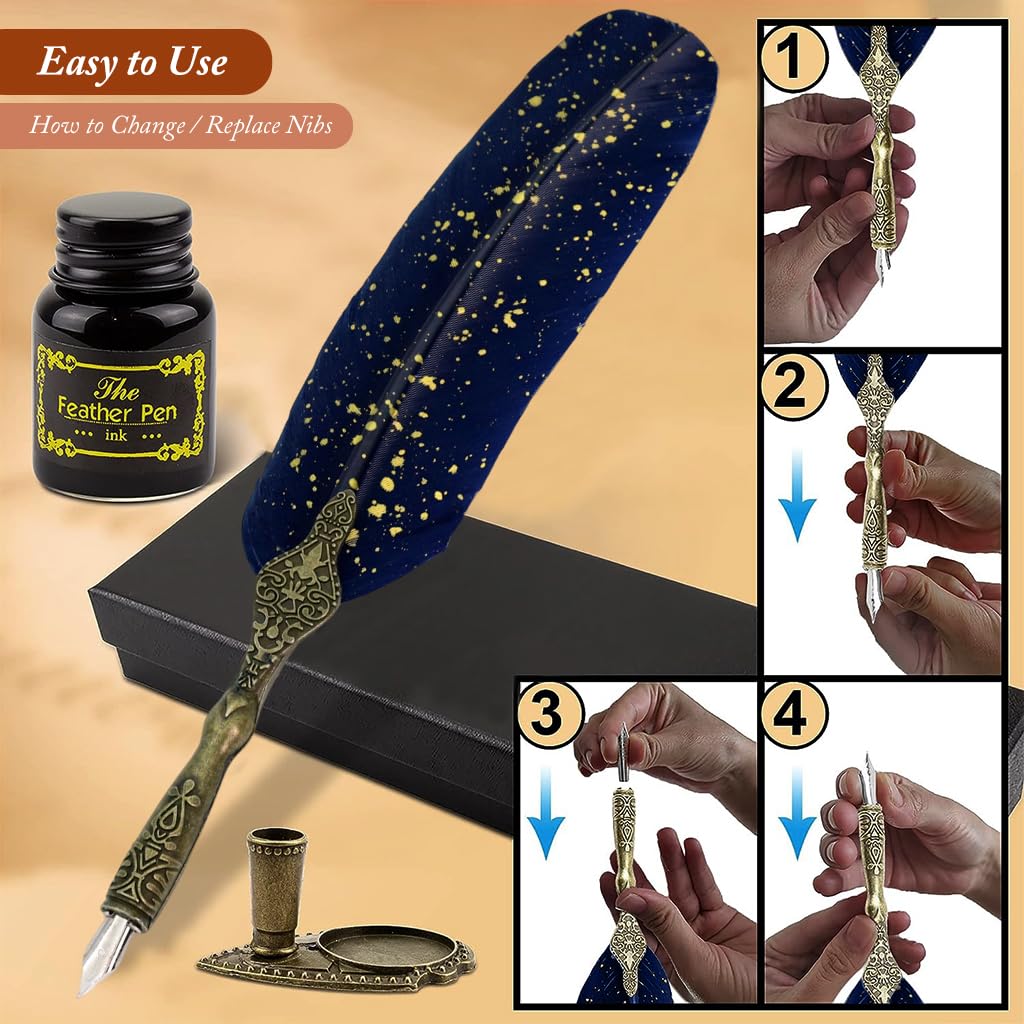 Optifit® Vintage Carving Feather Pen Set, Glittering Quill Pen Set Antique Calligraphy Writing Dip Pen with Black Ink, 2 Replacement Nibs, Pen Stand Base, Luxury Signature Pen
