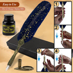 Optifit® Vintage Carving Feather Pen Set, Glittering Quill Pen Set Antique Calligraphy Writing Dip Pen with Black Ink, 2 Replacement Nibs, Pen Stand Base, Luxury Signature Pen