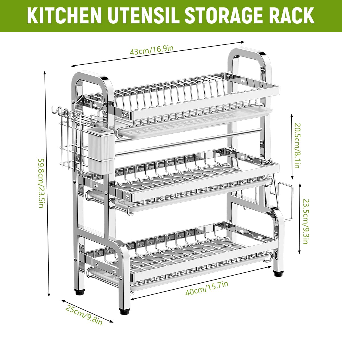 HASTHIP Dish Drying Rack for Kitchen Organization with 3 Layers 43x25x60cm Stainless Steel | Removable Water Catch Tray