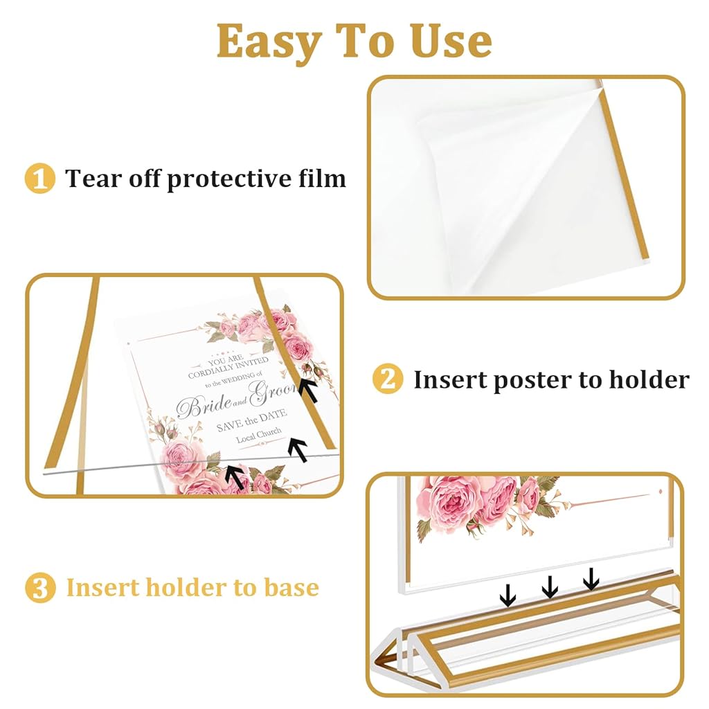 HASTHIP® 4 Pack Acrylic Gold Sign Holder, Double Sided A4 Menu Stand, Clear Vertical Table Display for Restaurant Menus, Office Flyers, Acrylic Photo Frame, Desk Brochure Holder
