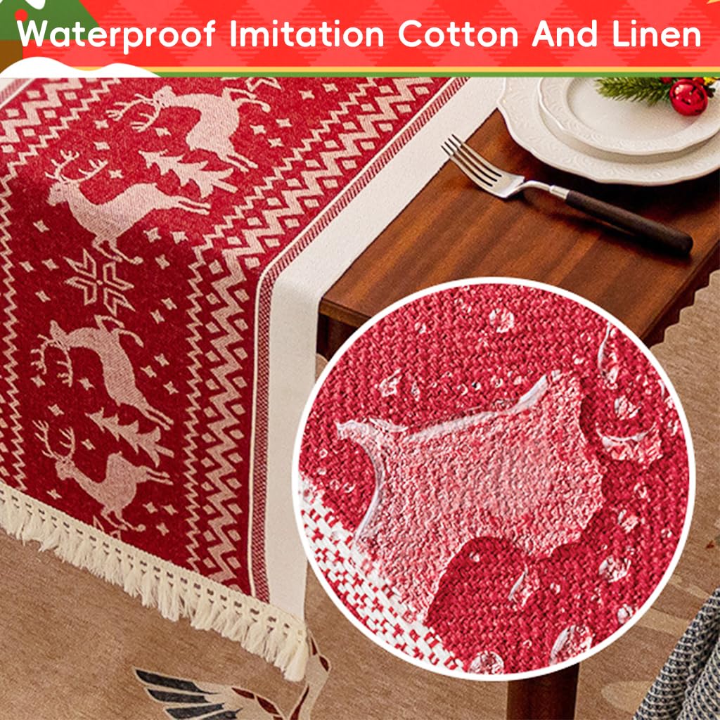 HASTHIP Christmas Table Runner for Holiday Dining with Tassel Edges 13.7x70.8 in Cotton Linen | Festive Red Elk and Snowflake Design