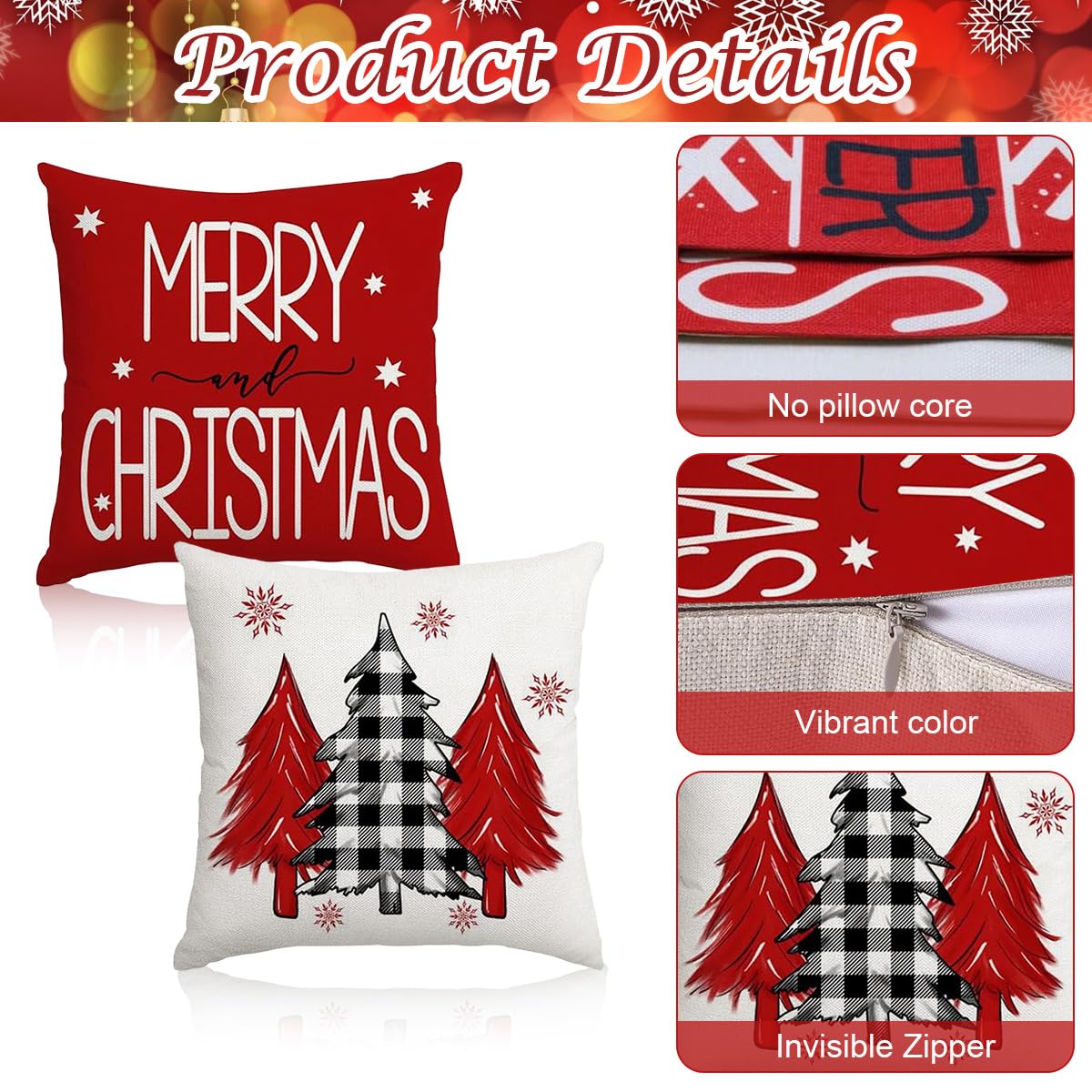 HASTHIP® 4Pcs Christmas Square Pillow Covers 15.7 inches SquareLinen Printed Pillow Cover Classic Christmas Sofa Pillow Covers SquarePillow Covers for Christmas