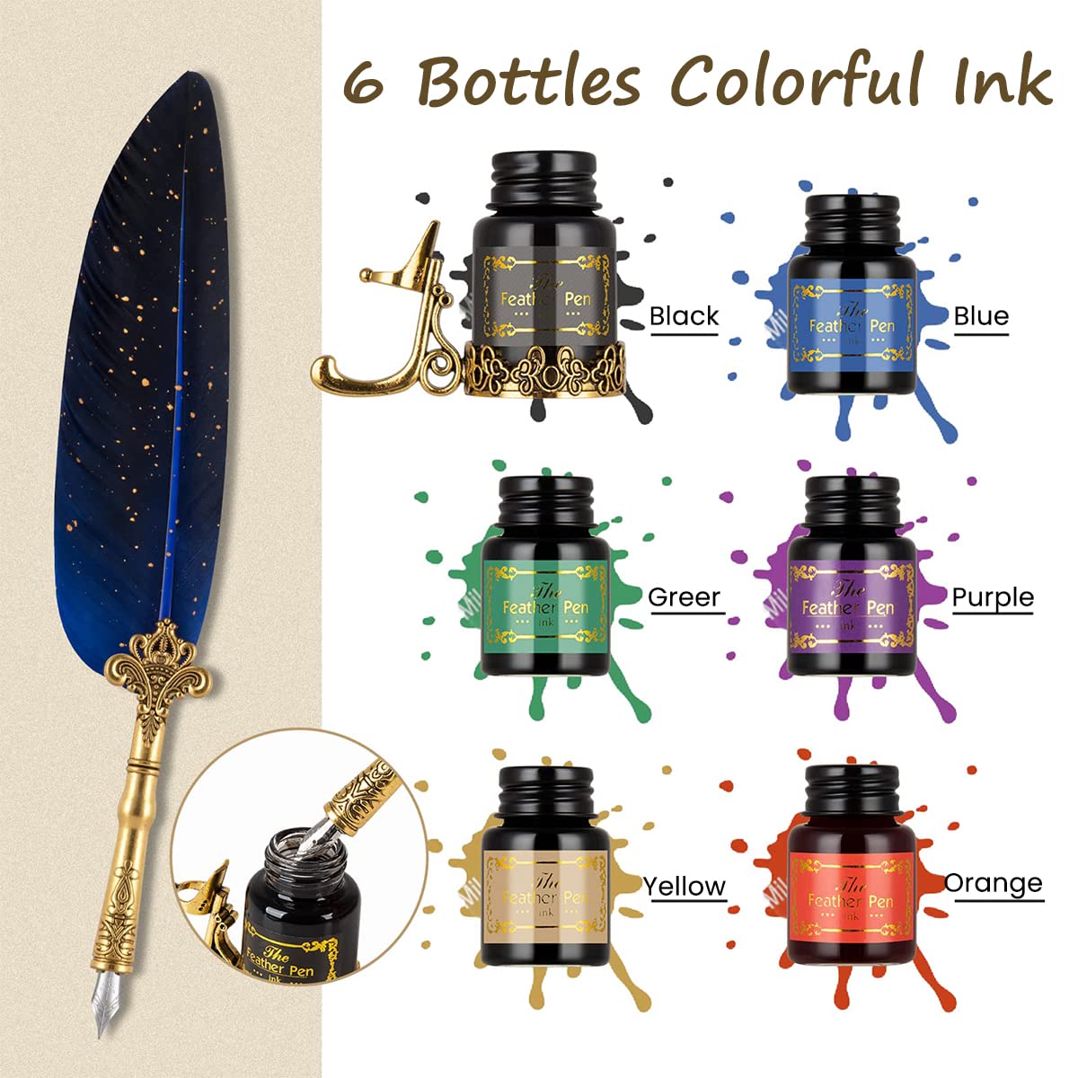 HASTHIP® Feather Pen with Ink, Calligraphy Feather Pen with Wax Seal Stamp, Includes Feather Dip Pen, Glass Dip Pen, 6 Ink, 18 Replacement Nibs, Pen Holder, Seal Stamp, Wax Beads, Wax Spoon